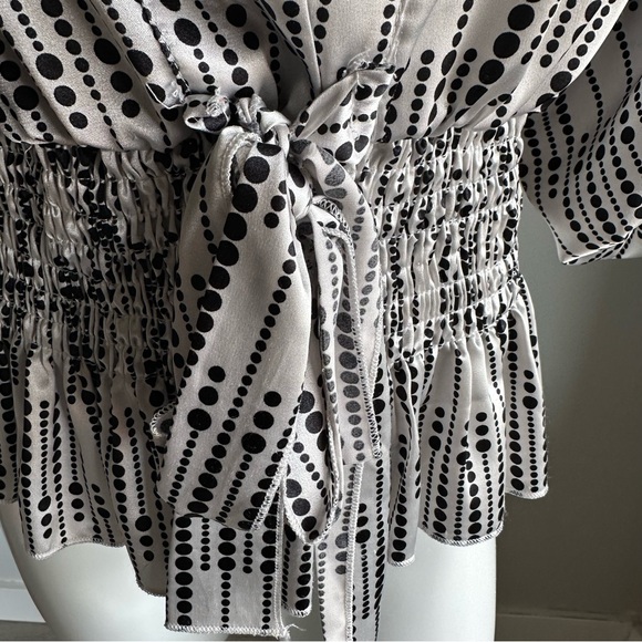 A’GACI white black polka dot silky peplum tie billowy flowy blouse top vintage - Picture 3 of 12